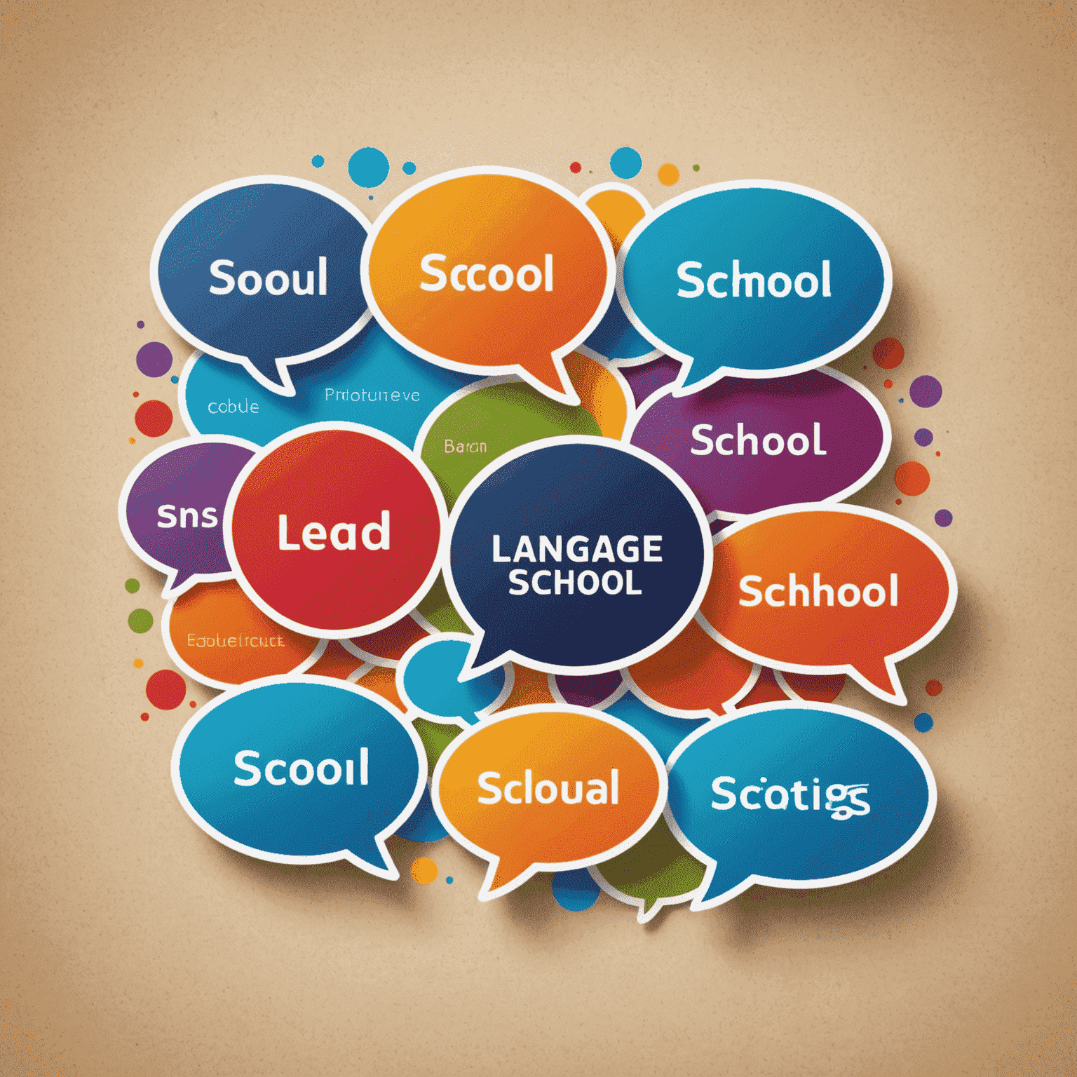 Language School logo featuring stylized speech bubbles in various colors representing different languages