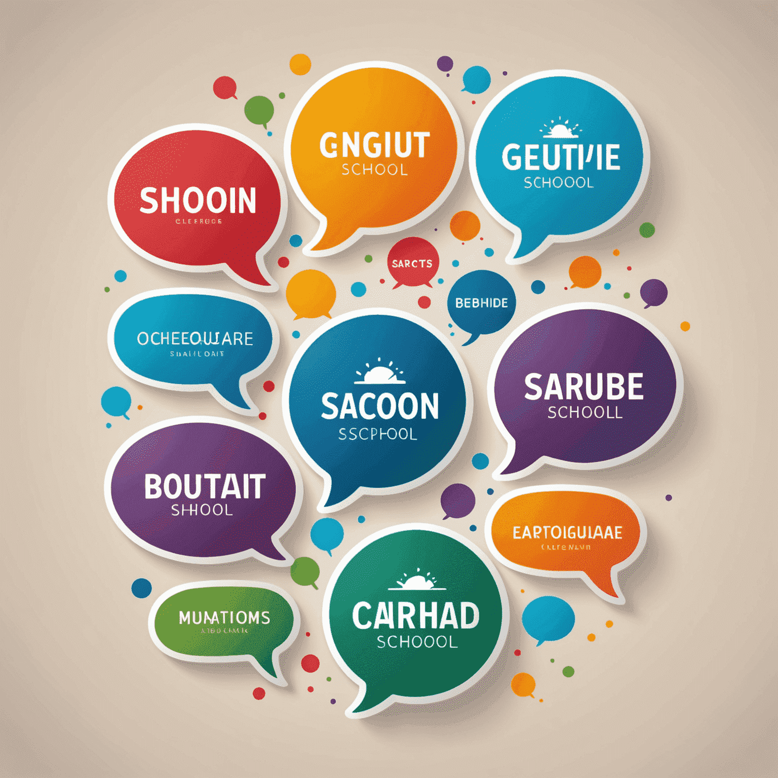 Language School logo featuring stylized speech bubbles in various colors representing different languages