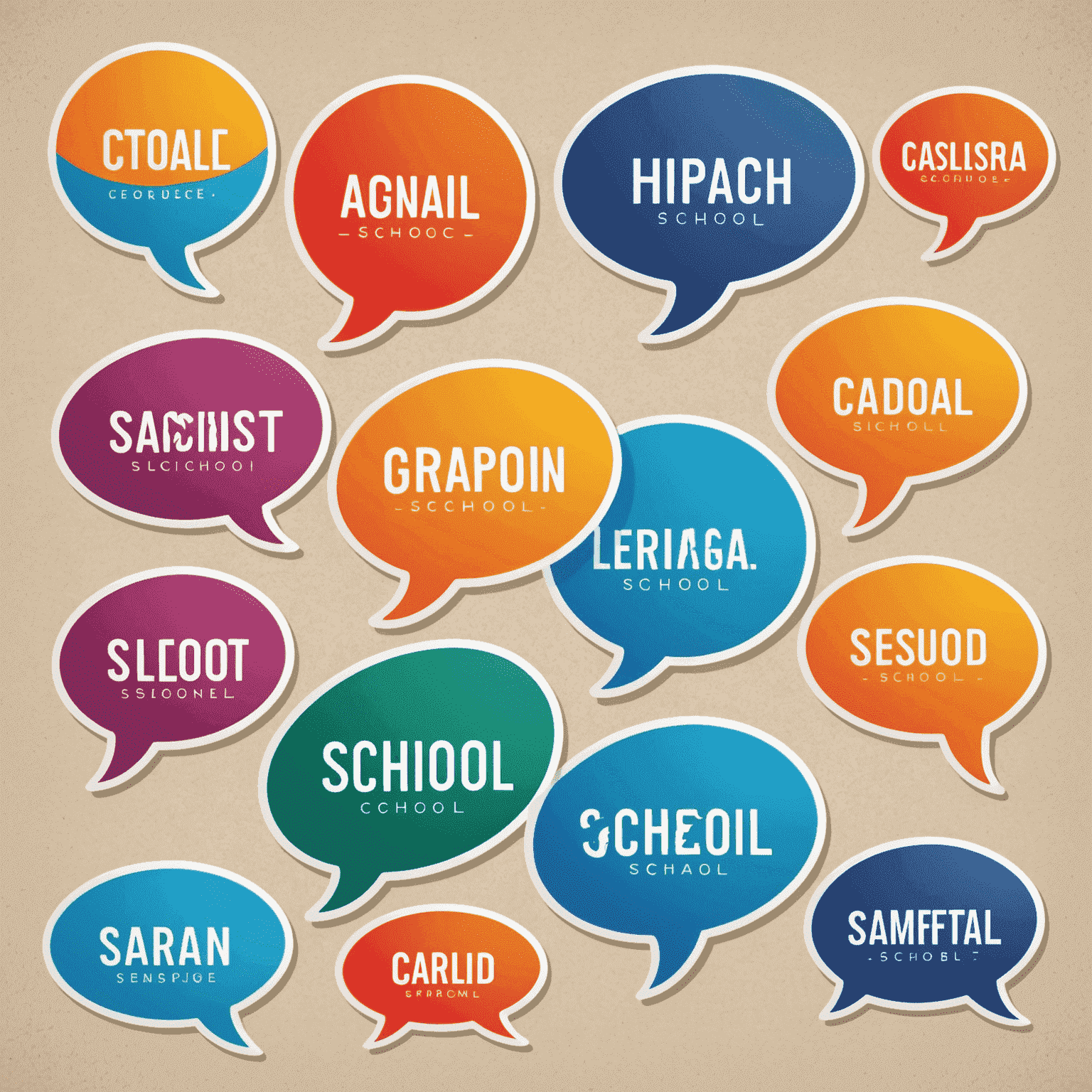 Language School logo featuring stylized speech bubbles in various colors representing different languages