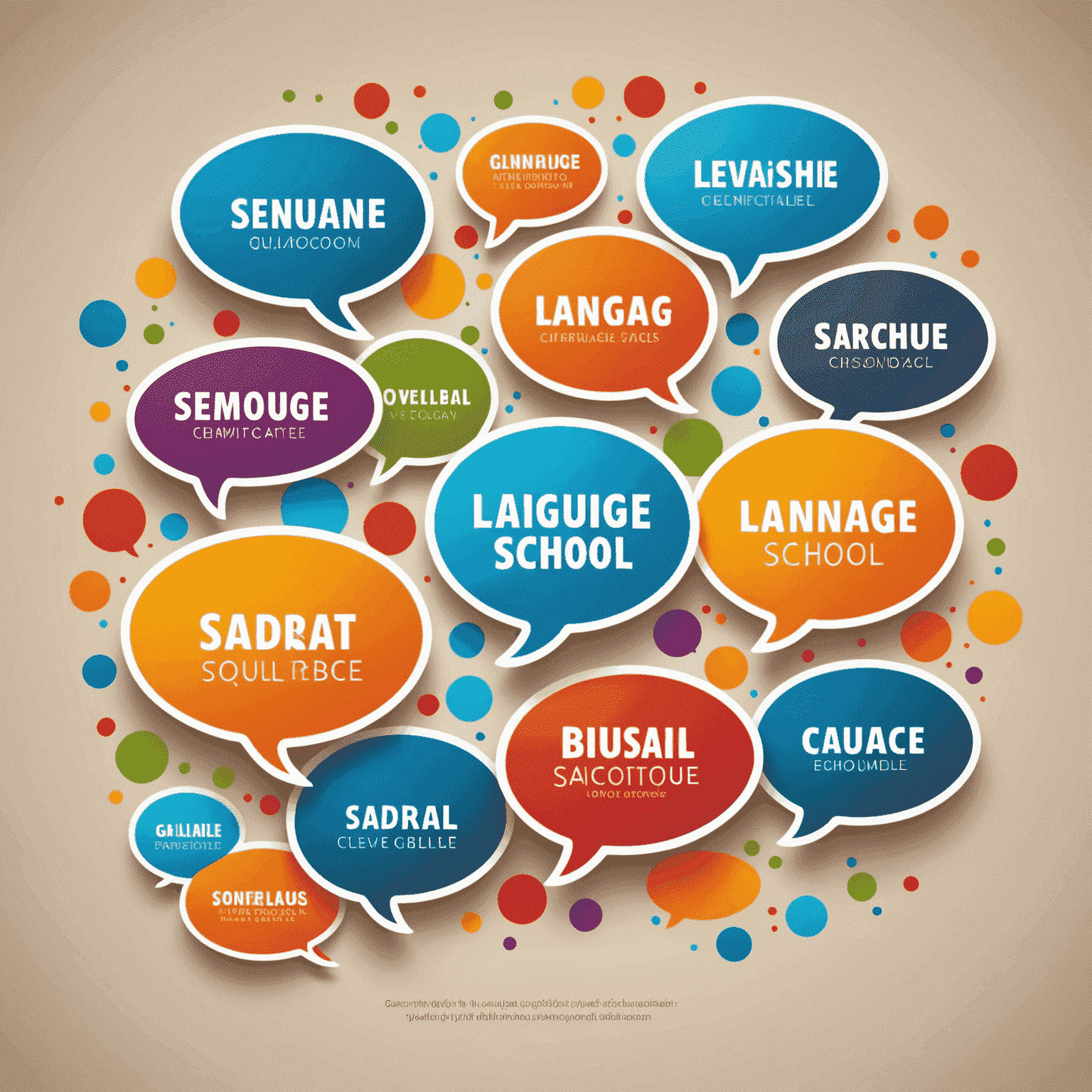 Language School logo featuring stylized speech bubbles in various colors representing different languages