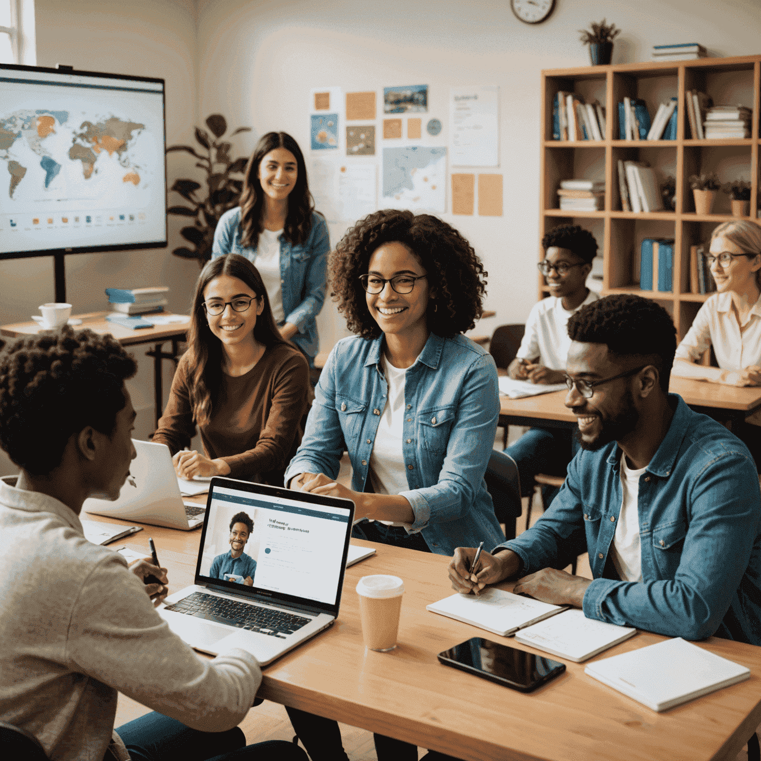Diverse group of students engaged in an interactive online language class, with a teacher guiding them through a virtual cultural immersion experience