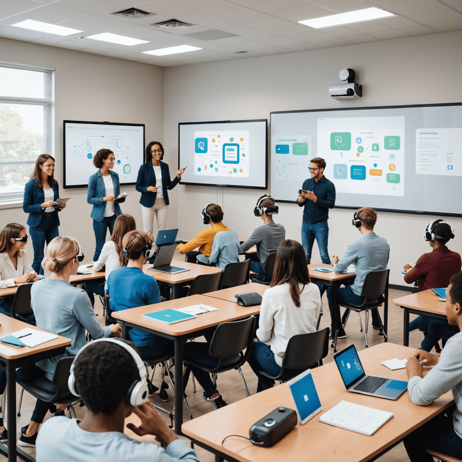 A collage of modern language learning methods: VR headsets, AI chatbots, mobile apps, and interactive whiteboards in a classroom setting
