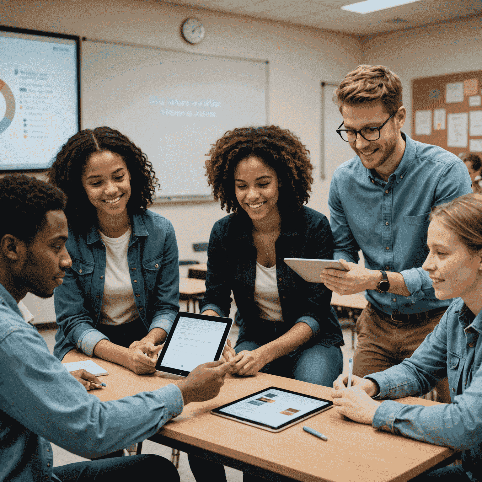 Diverse group of students participating in an interactive language class, using tablets and a large screen for visual aids