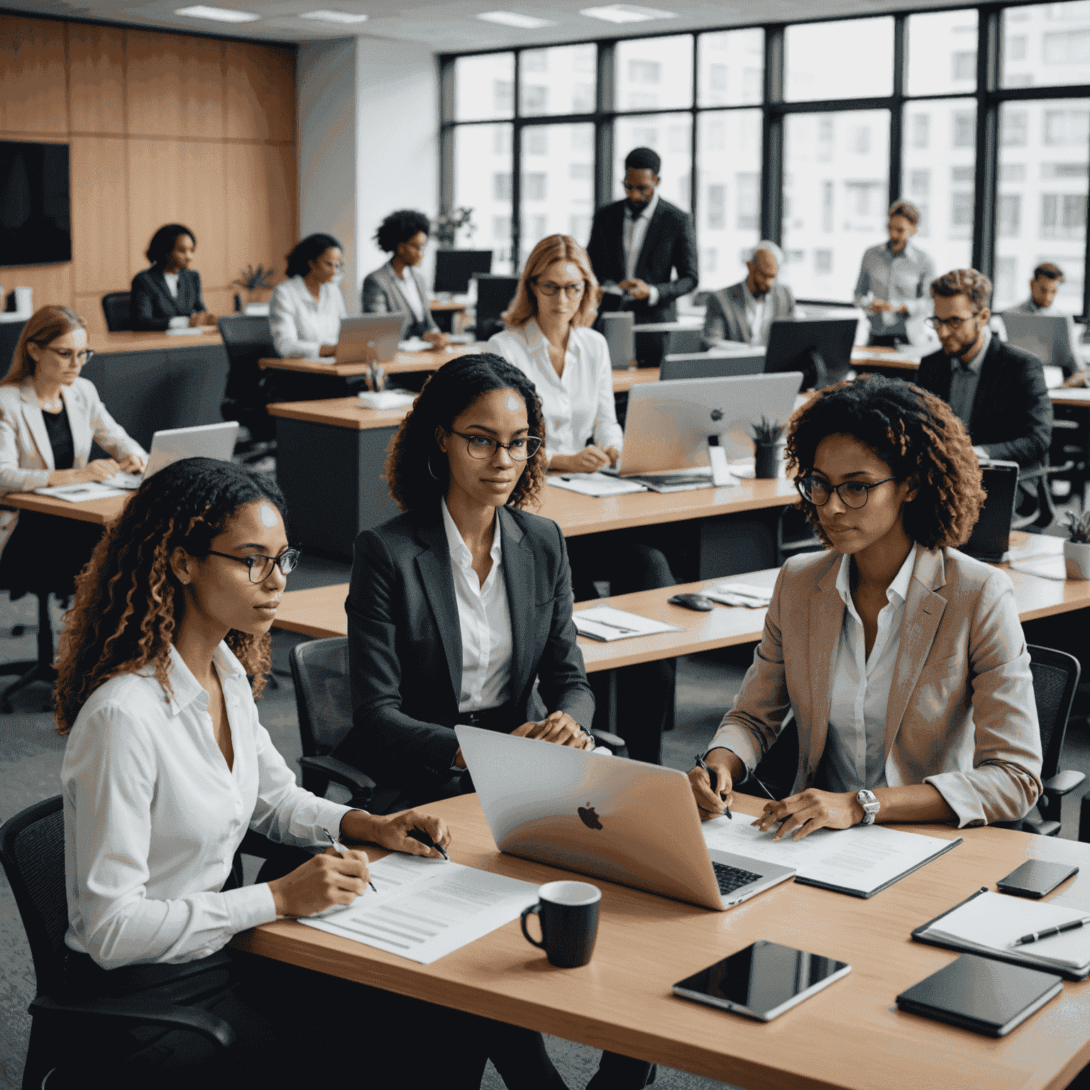 A diverse group of professional translators working on documents, using computers, and collaborating in a modern office setting