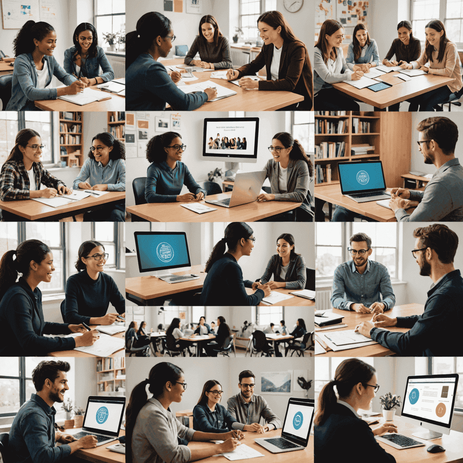 Collage showcasing various aspects of language learning: virtual classrooms, cultural activities, and students interacting with tutors