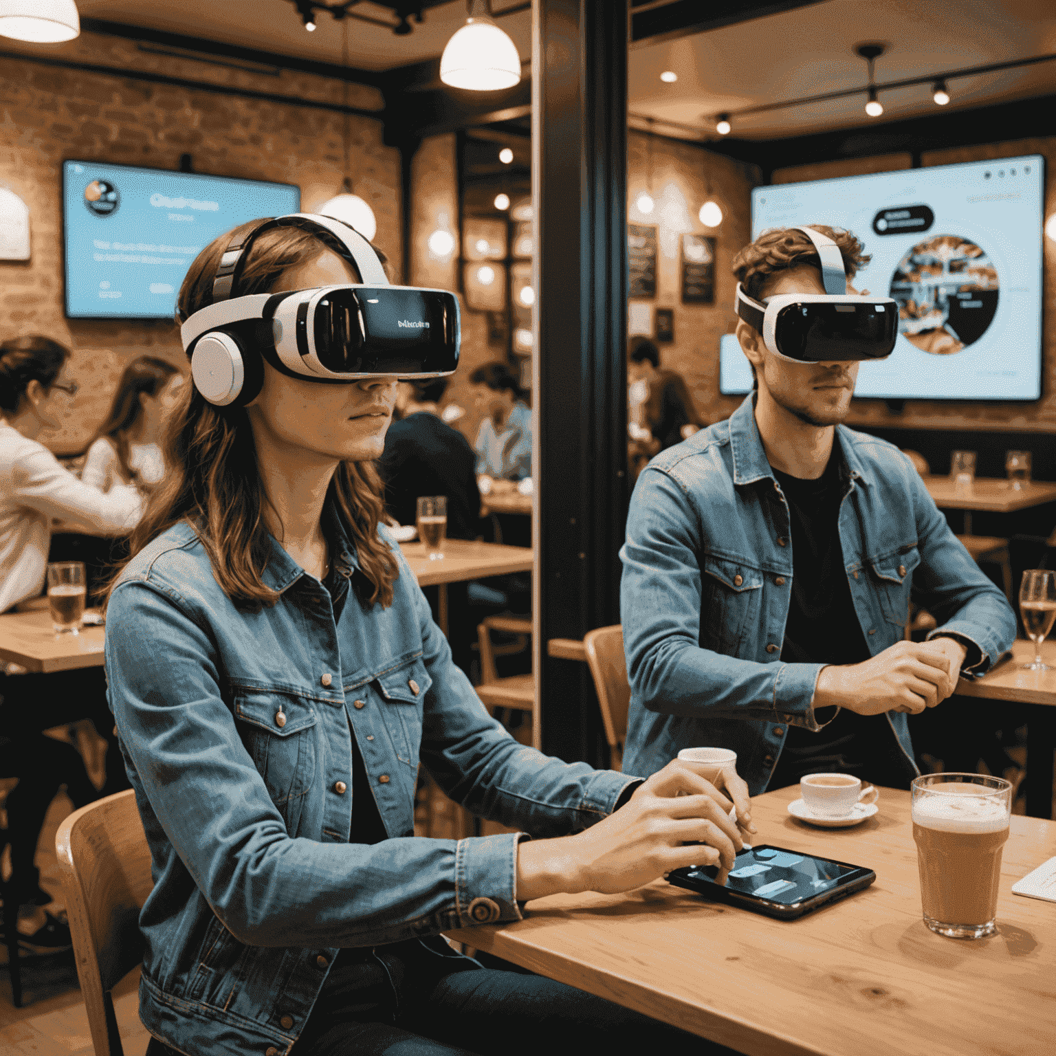 A split-screen image: on one side, a student using a VR headset in a virtual Parisian café; on the other, an AI interface showing personalized language exercises and progress tracking