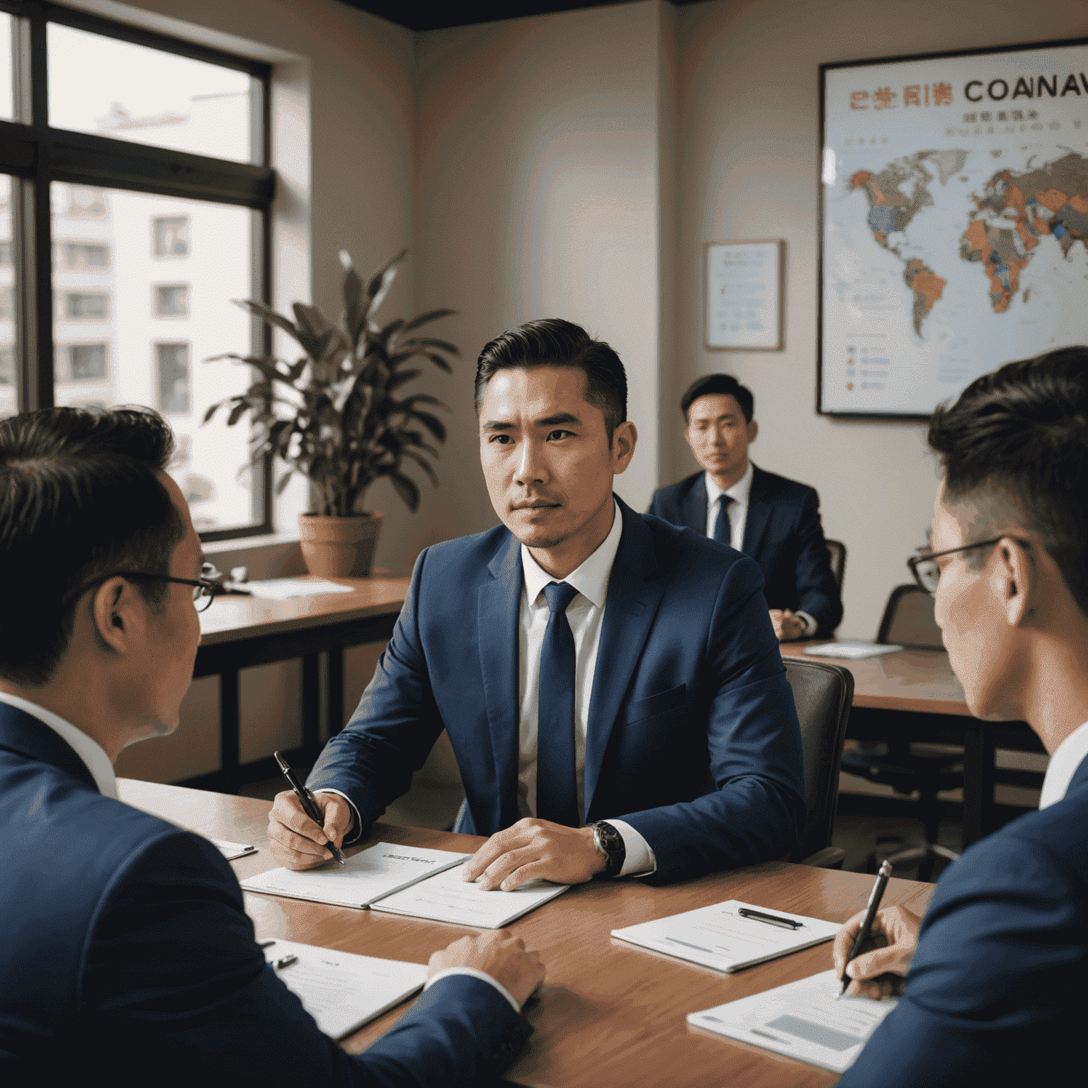 Carlos confidently leading a business meeting in Mandarin, showcasing his newly acquired language skills from our courses