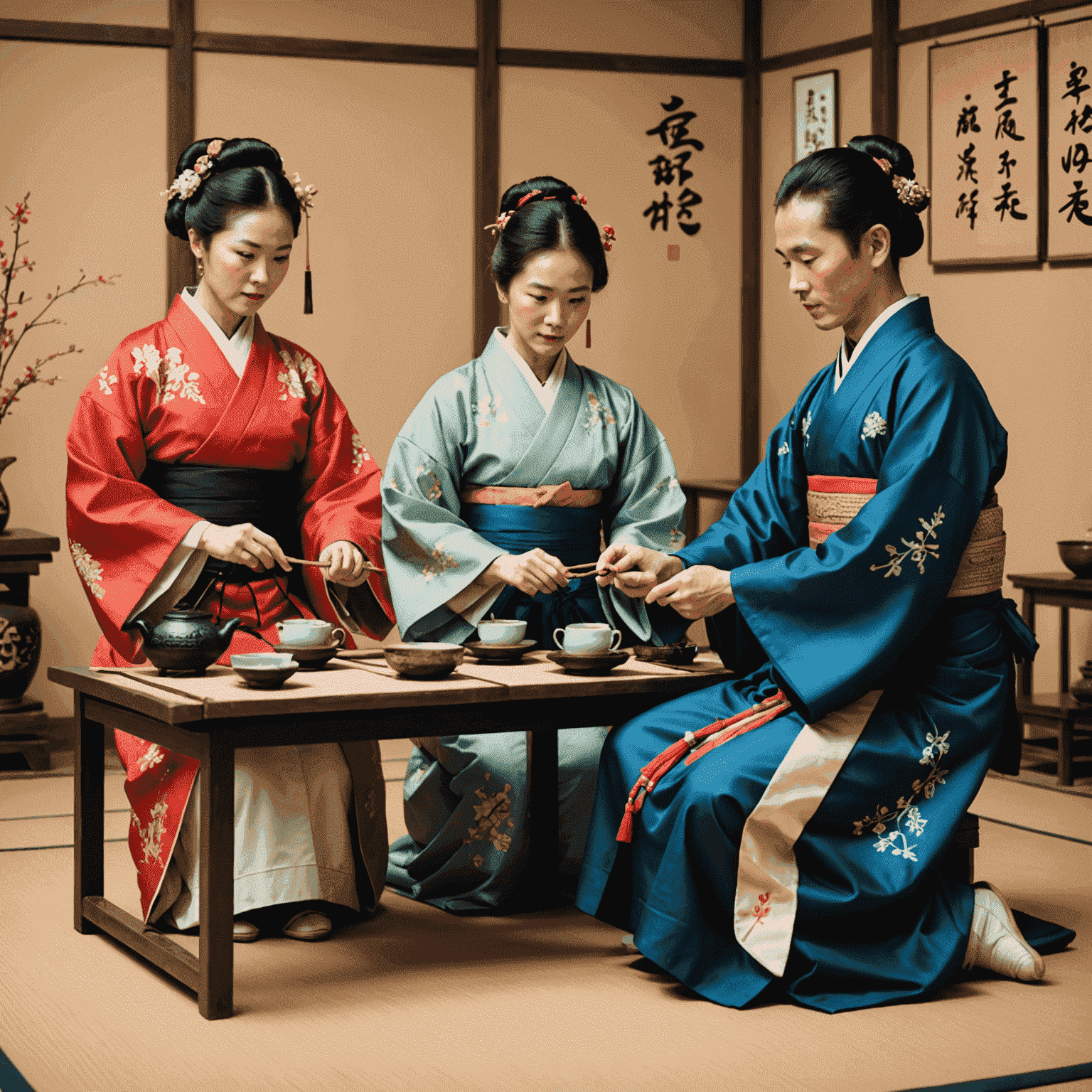 People in traditional costumes demonstrating cultural activities like calligraphy, tea ceremony, and folk dance