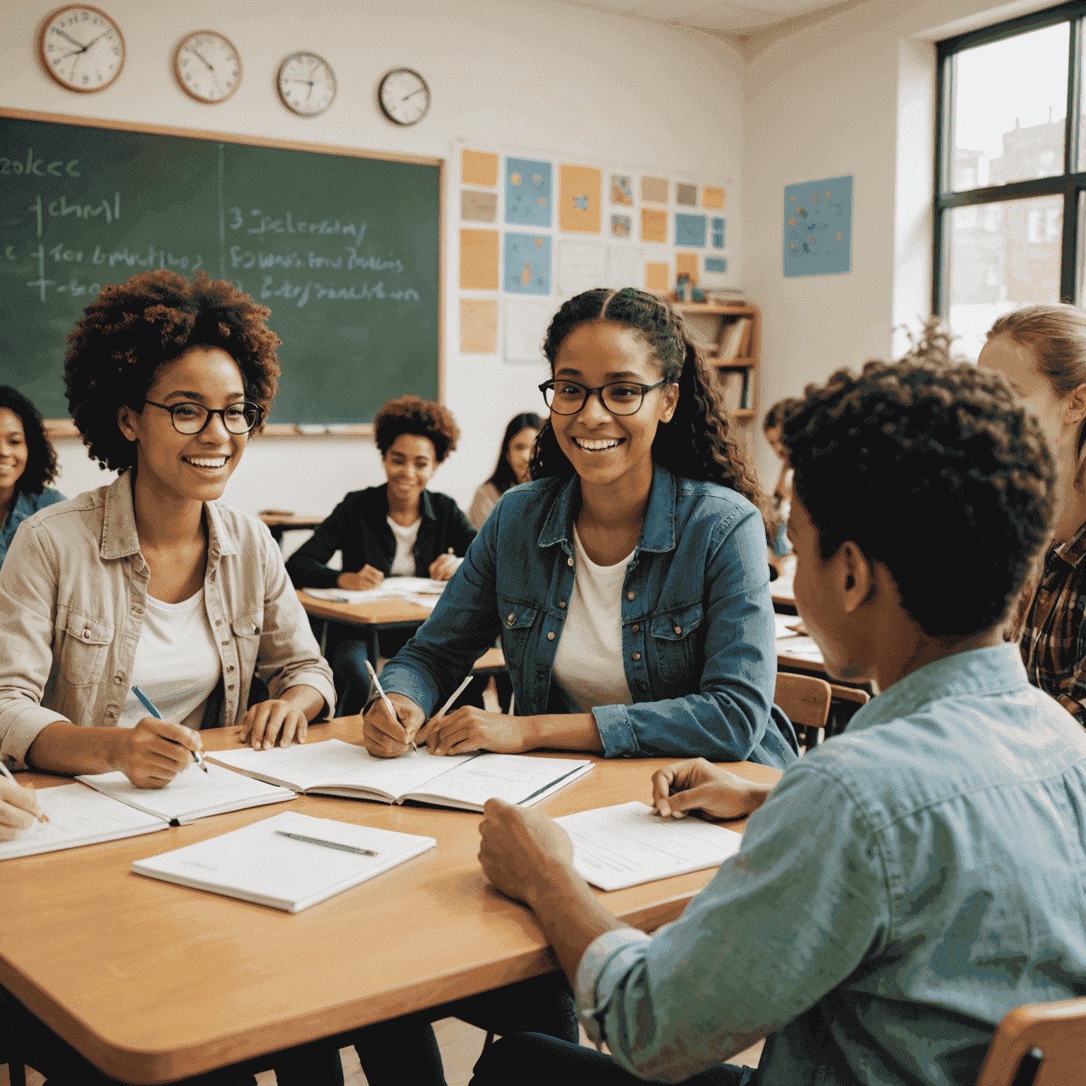 Group of diverse students engaged in a lively language class, practicing conversation skills with a teacher guiding them