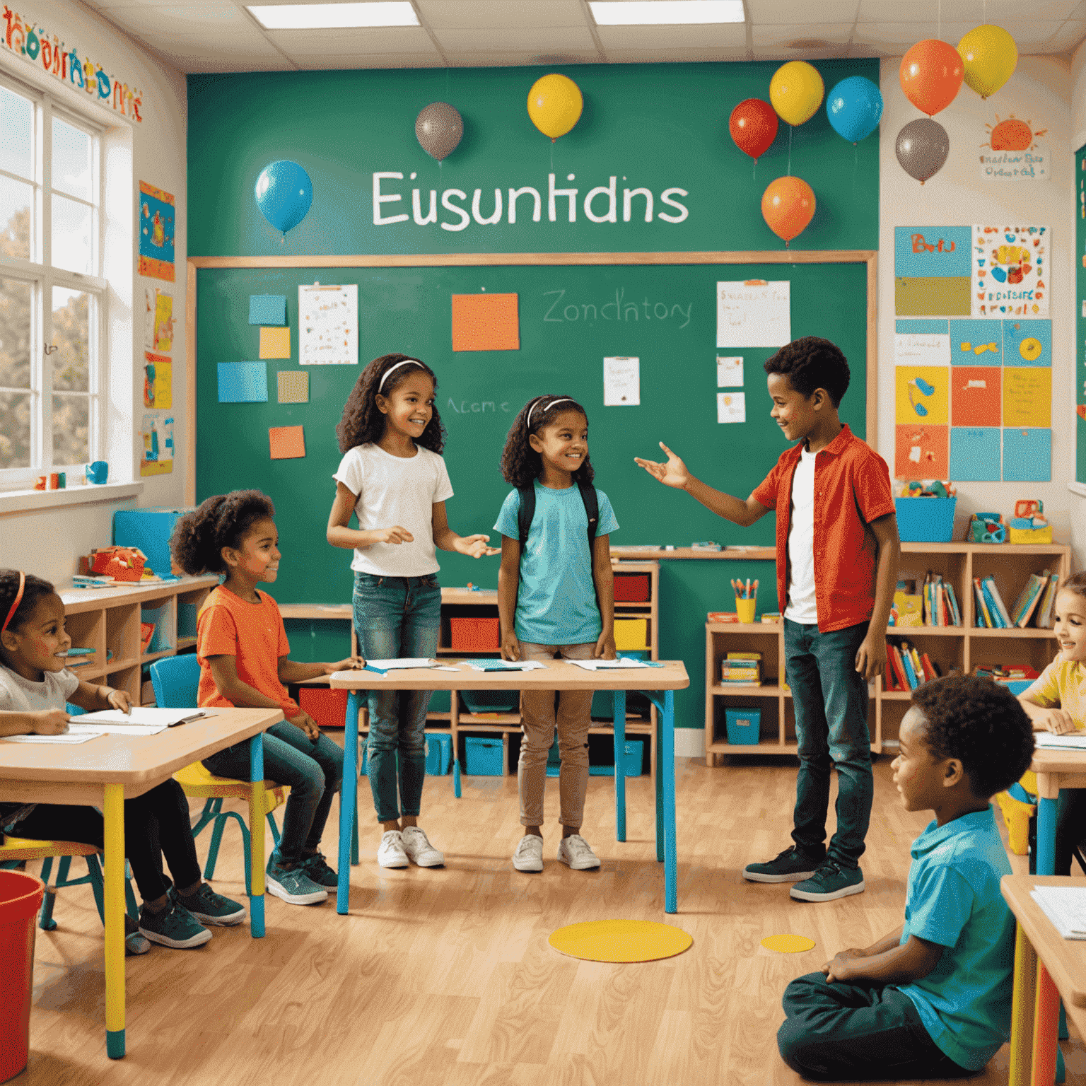 Beginner students practicing basic greetings and introductions in a colorful classroom setting