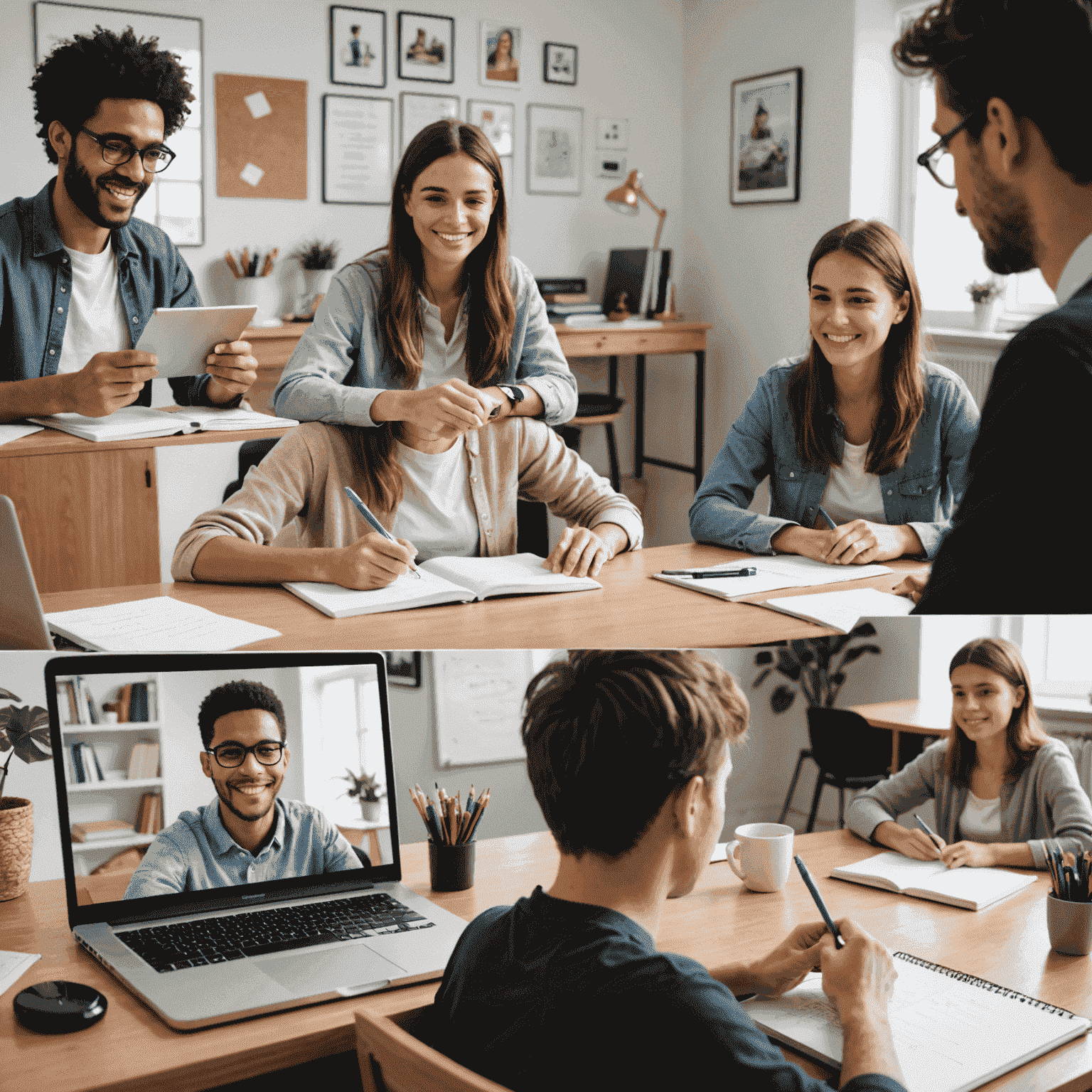 A collage showing various private tutoring scenarios: a tutor and student having a video call, a learner practicing pronunciation in front of a mirror, and a student writing in a foreign language notebook. The images convey the diversity and flexibility of private language tutoring methods.