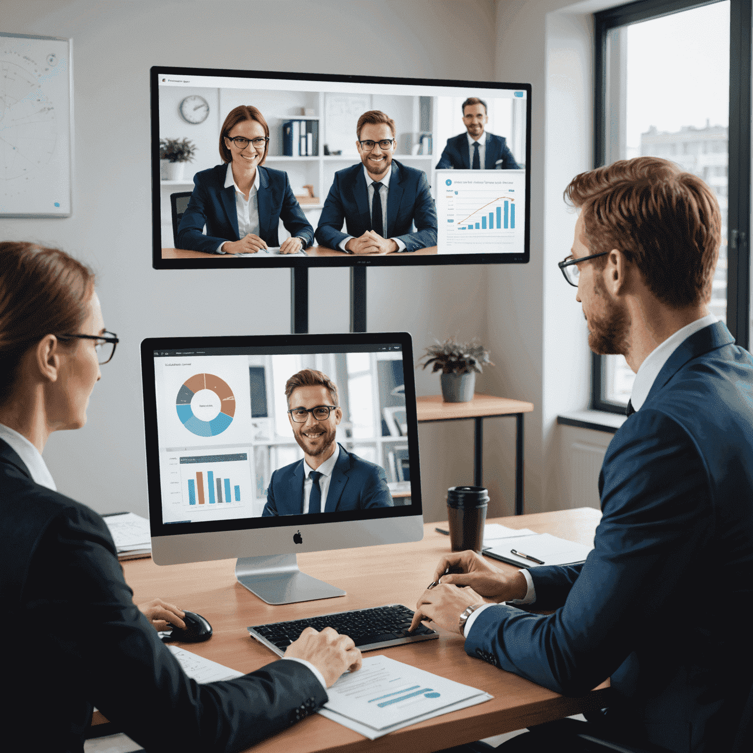 A split-screen image showing a professional giving a presentation in a foreign language on one side, and participating in a video conference call on the other, demonstrating practical application of business language skills