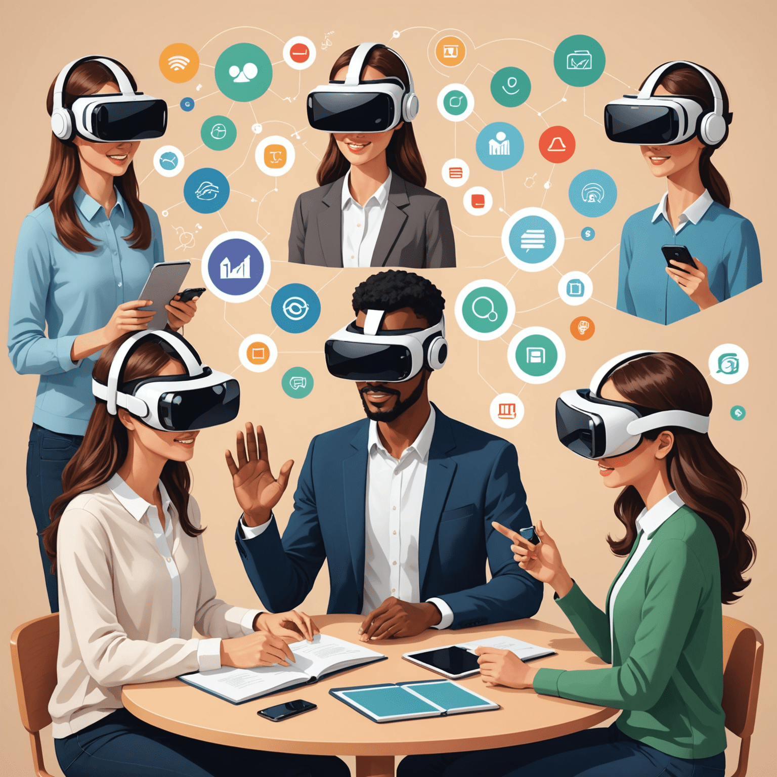 Illustration of modern language learning methods, including virtual reality headsets, AI language assistants, and interactive mobile apps