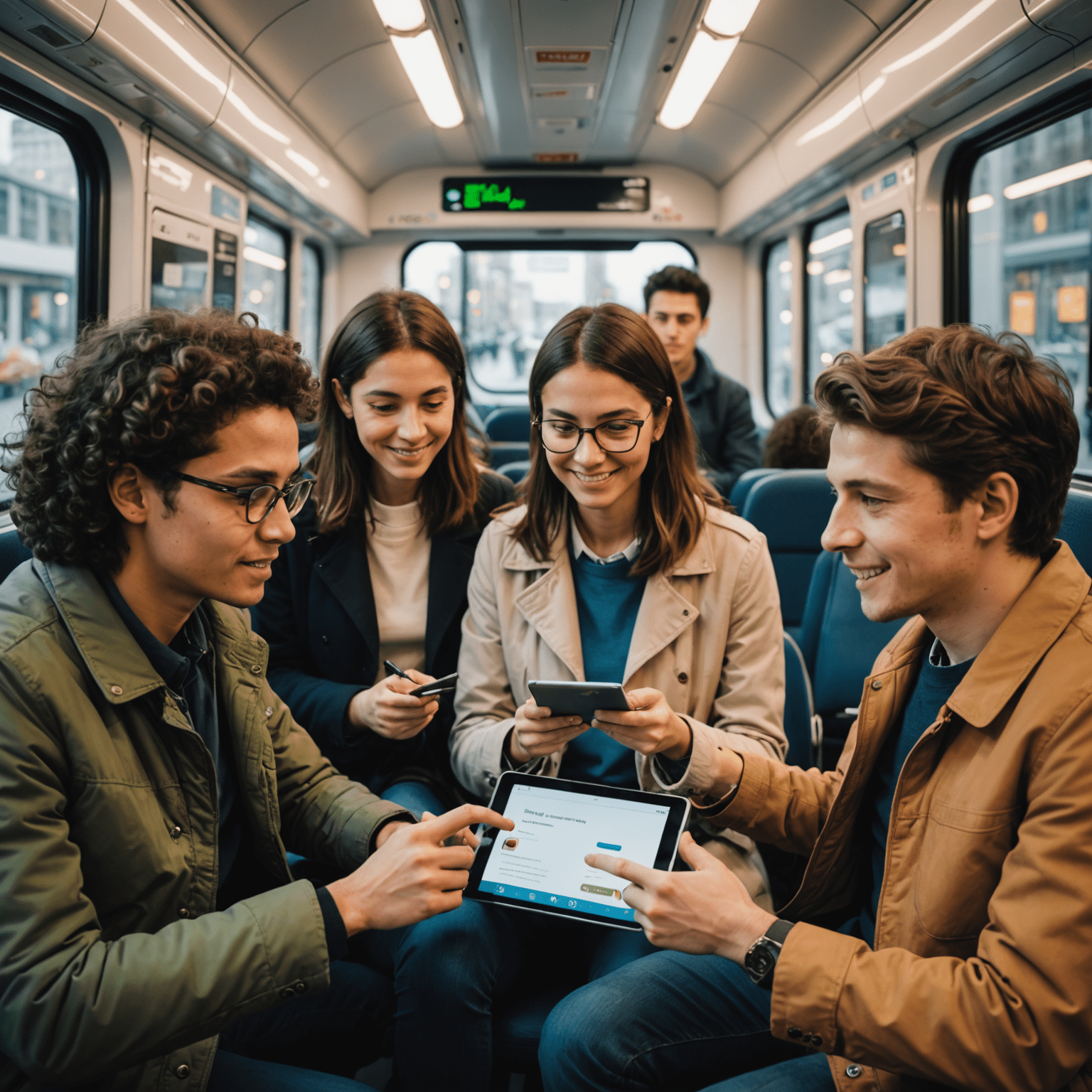 A triptych showing: a mobile phone with a gamified language app, a person doing a quick language lesson on a tablet during a commute, and a group video chat with learners from different countries