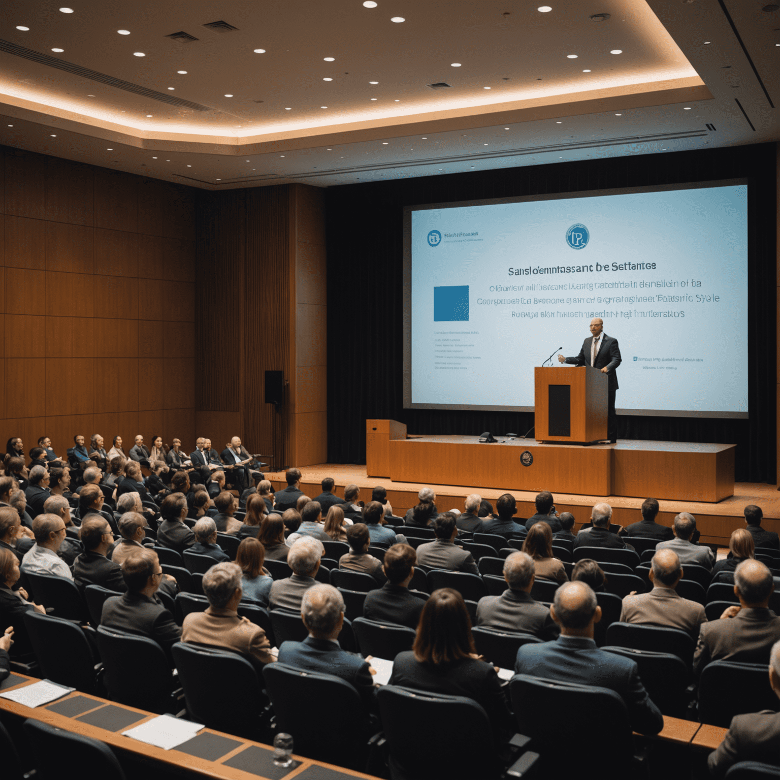 Distinguished speaker at a podium addressing a diverse audience in an auditorium, with language-related visuals on a screen behind