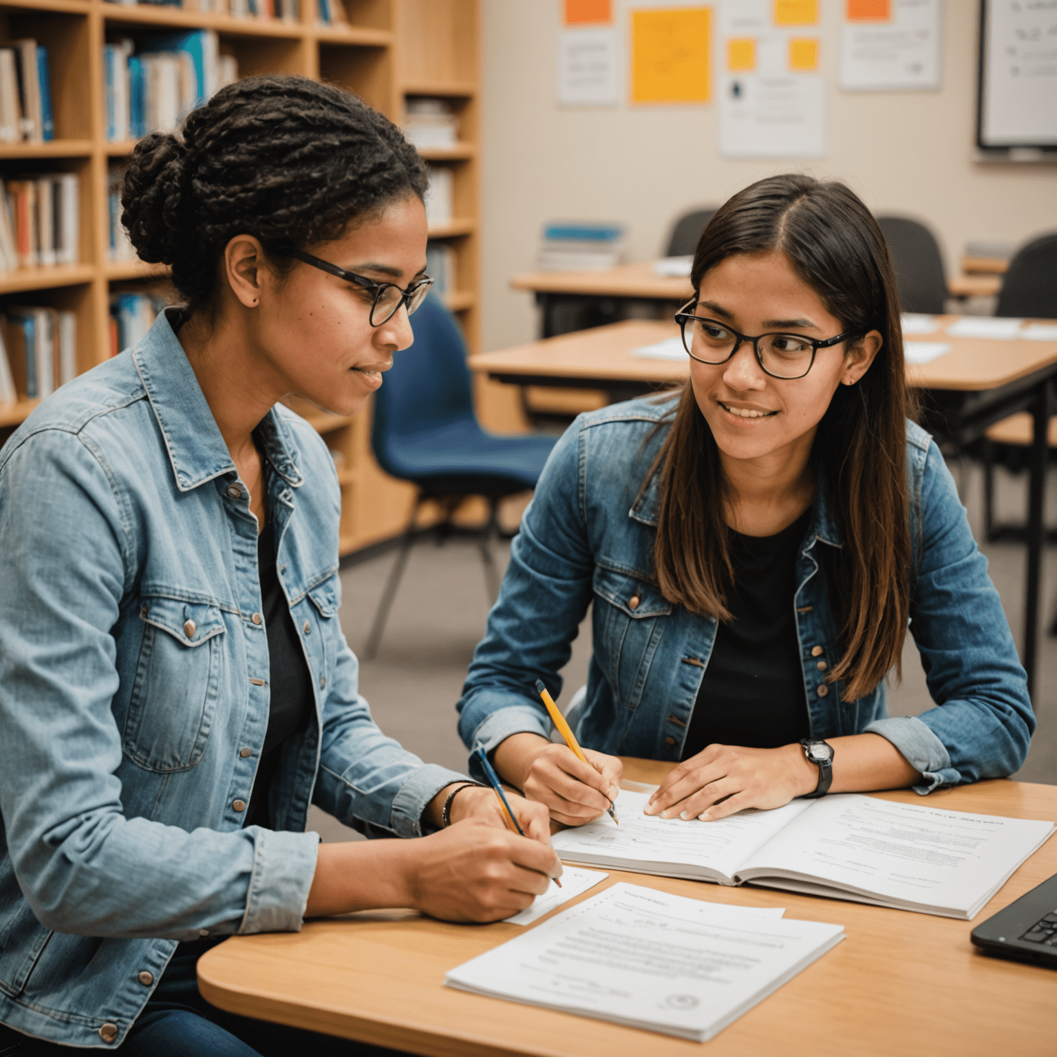 One-on-one tutoring session with a language instructor and student, using interactive learning materials