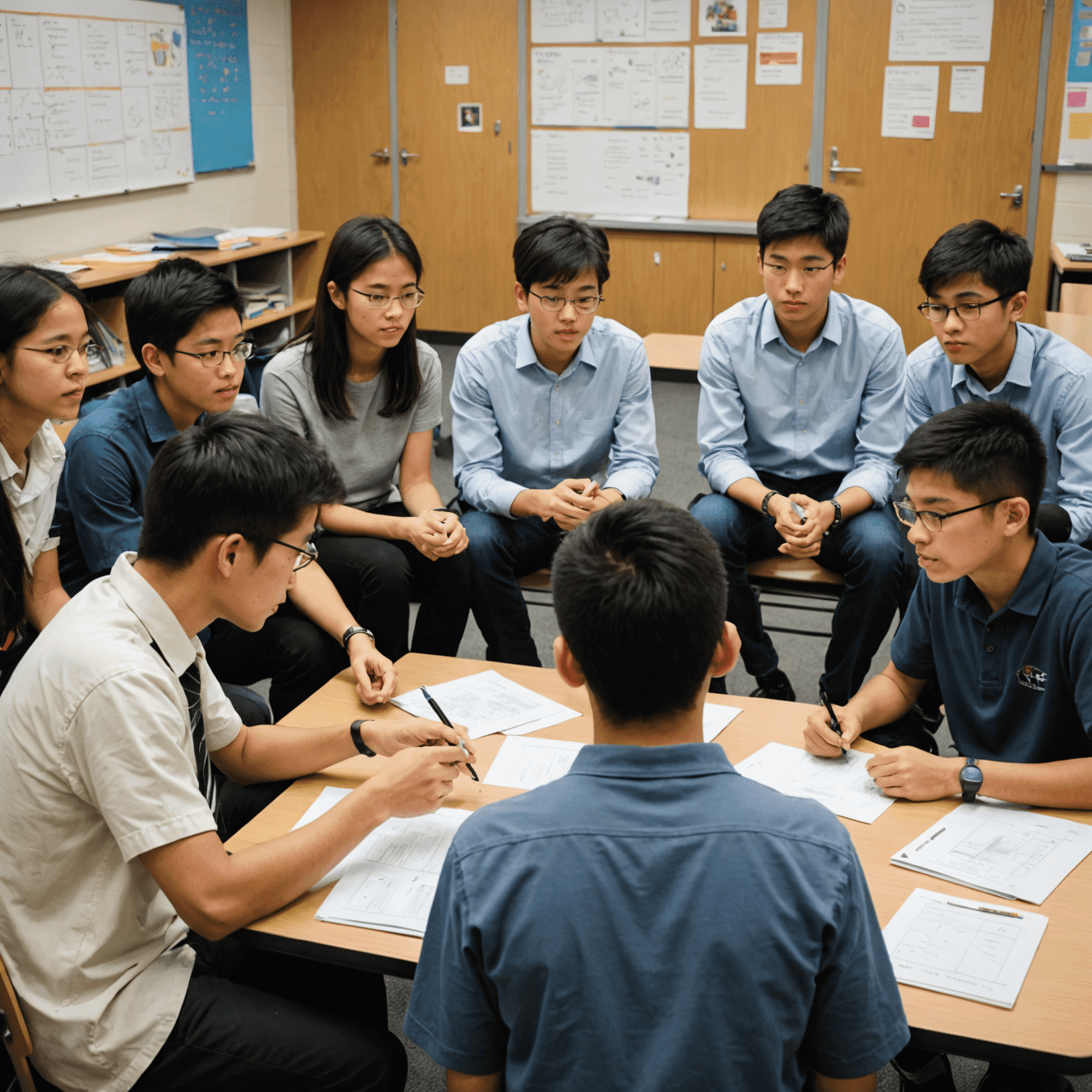 Intermediate students engaged in a lively group discussion, using visual aids and gestures to express complex ideas
