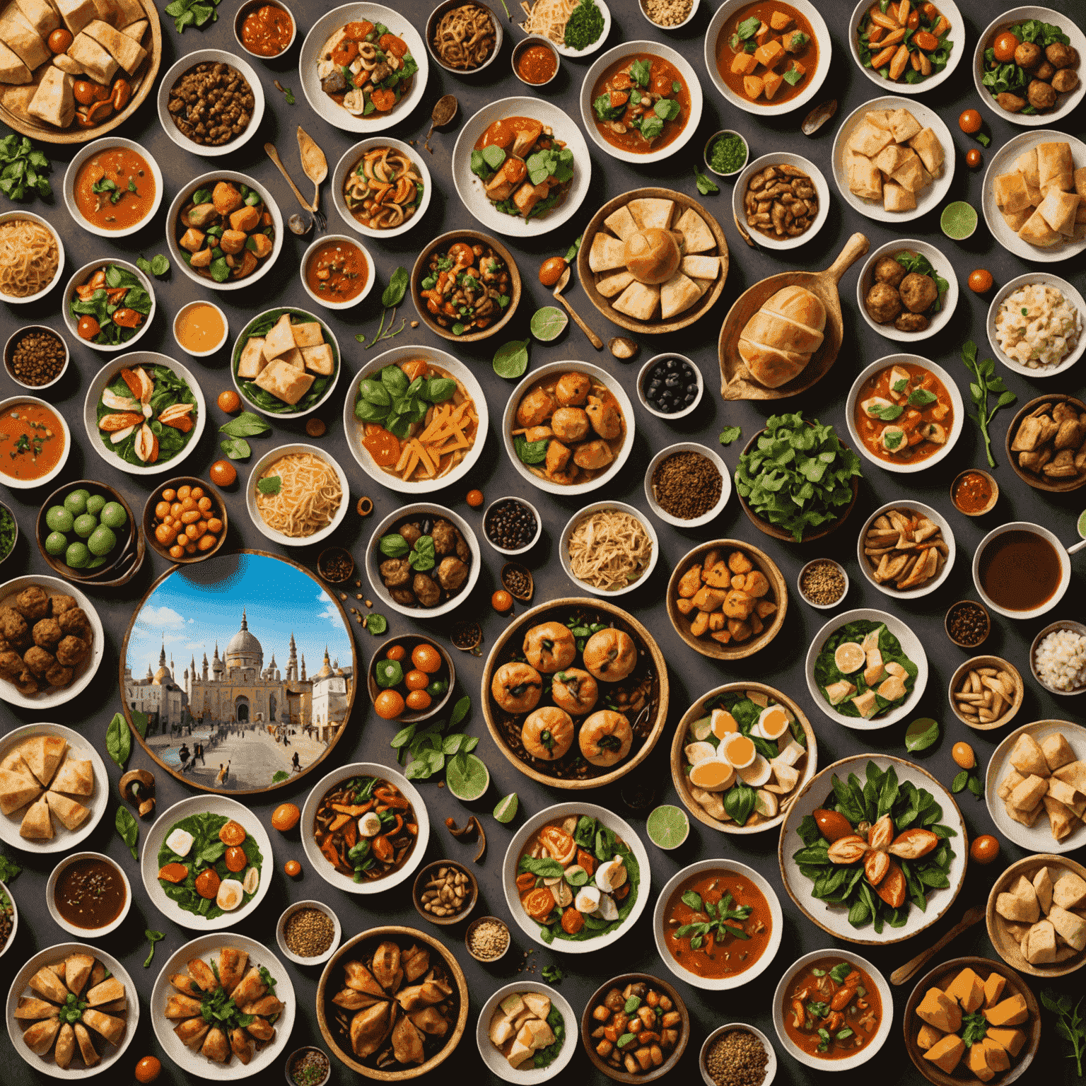 Collage of cultural elements from various countries, including traditional foods, landmarks, and customs, representing immersive cultural learning
