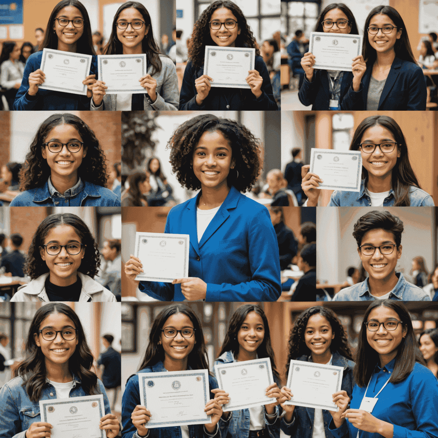 Collage of diverse students holding certificates, speaking in different languages, and engaging in cultural activities