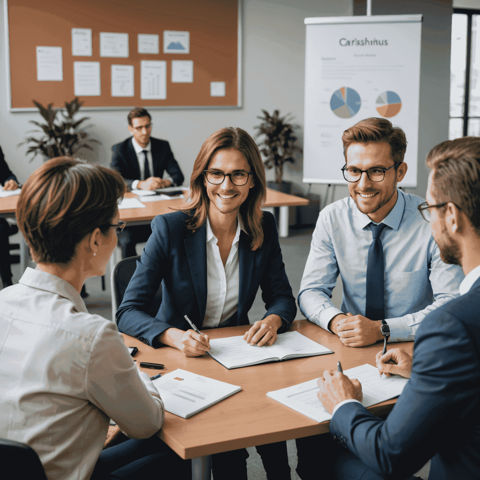 Professional business setting with employees participating in a language training session, focusing on industry-specific vocabulary