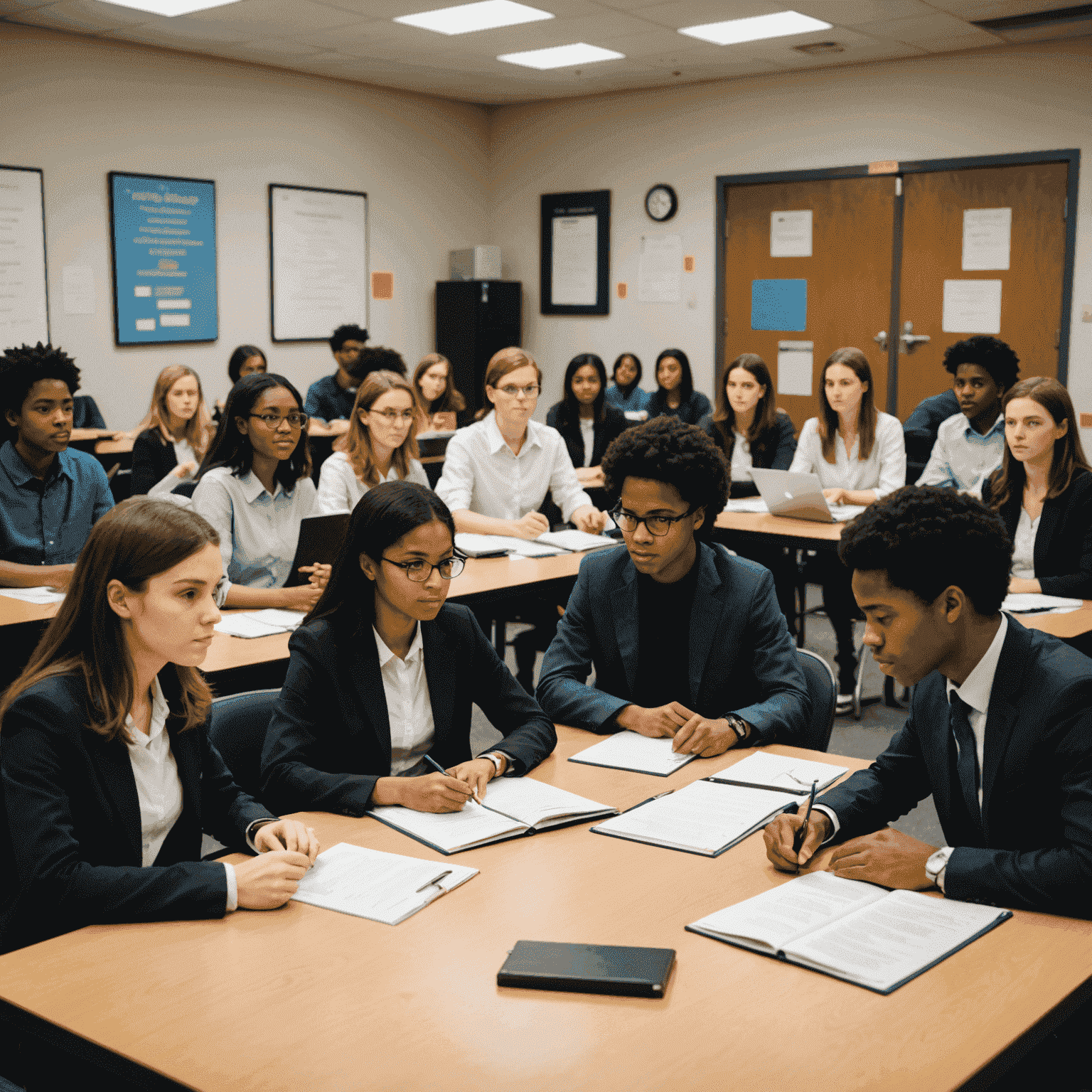 Advanced students participating in a debate-style class, using sophisticated language and cultural references