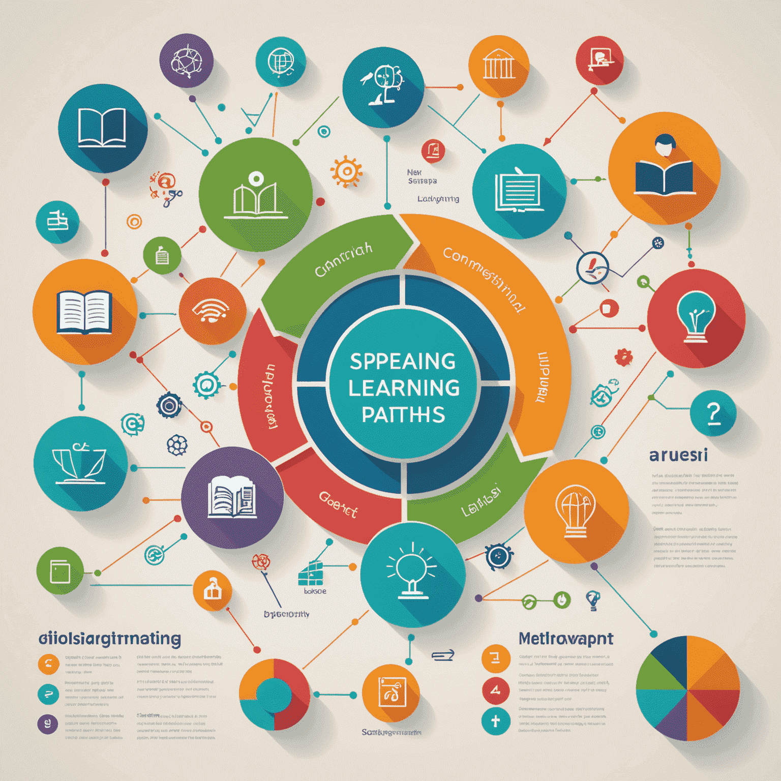 A visual representation of different learning paths with icons for various language skills like speaking, writing, and comprehension, connected by colorful lines