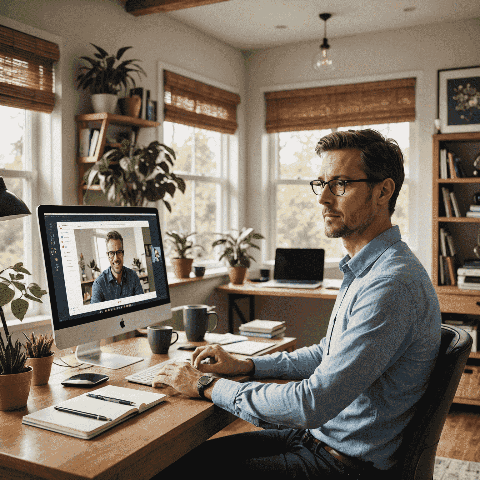 Tom engaging in an online language lesson from his home office, showcasing the effectiveness of our virtual language instruction