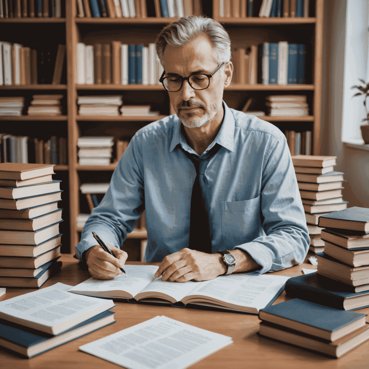 Professional translator working on multiple documents, surrounded by dictionaries and reference materials in various languages