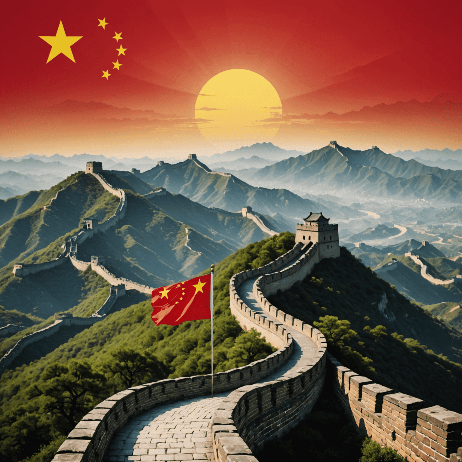Chinese flag with Great Wall silhouette